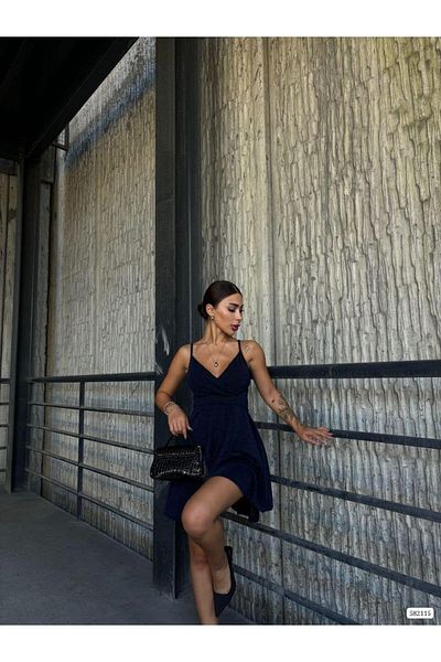 Modafeminen Thin Strap Double Breasted Collar Glitter Dress 582115 Dark Blue