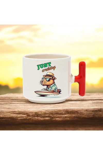 BB TRADE Capybara in the Sea Designed Red T-Handle Ceramic Printed Mug 250 ml