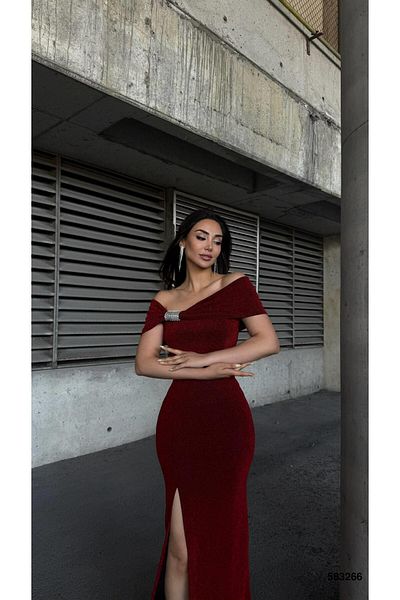 Modafeminen Strapless Neckline Stone Detailed Slit Evening Dress Flowers Fabric Red 583266
