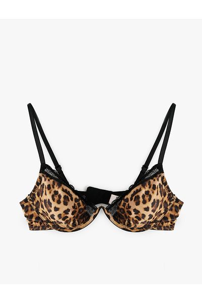 Koton Leopard Print Bra with Lace Detail and Underwire