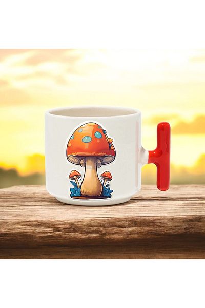 BB TRADE Mushroom Design Red T-Handle Ceramic Printed Mug 250 ml