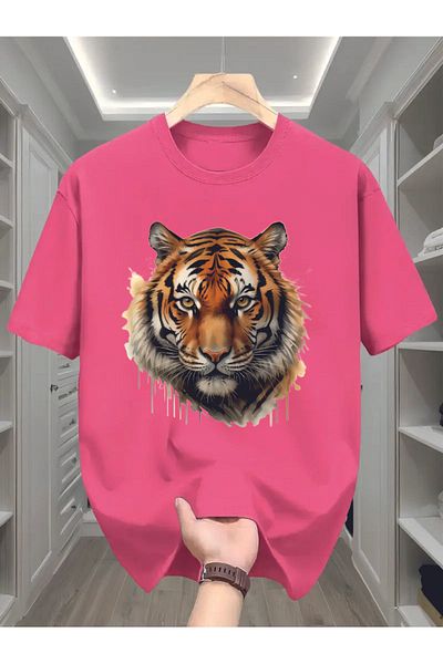 HOFFNUNG Unisex Men/Women Crew Neck Tiger Printed Oversize T-Shirt