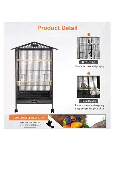 COOYA Large removable bird cage, rust-proof and durable, removable tray, with wheels, easy to clean, black