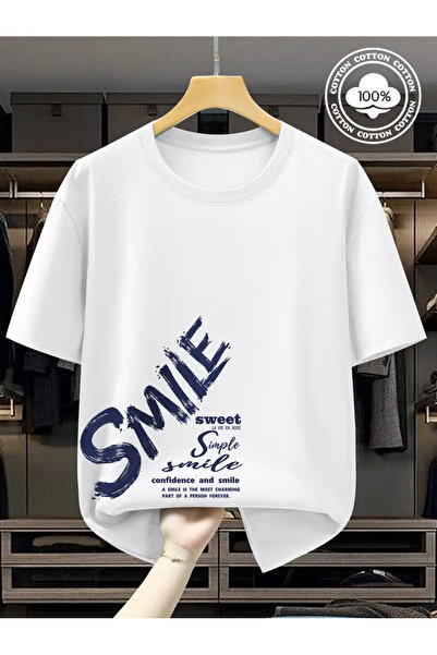 AEMİ Tricou oversize unisex Smile Sweet imprimat cu decolteu rotund
