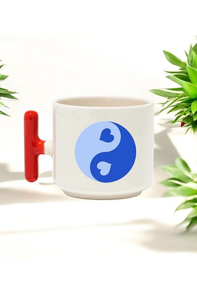 BB TRADE Blue Hearts Designed Red t Handle Ceramic Printed Mug Cup 250 ml