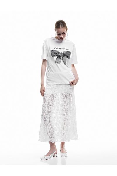 Koton Cotton Short Sleeve Crew Neck Bow Printed Oversize T-Shirt
