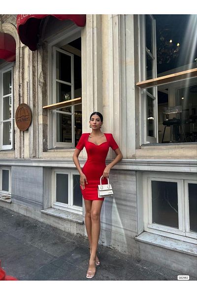 Modafeminen Heart Collar Vaktak Mini Crepe Dress 582982 Red