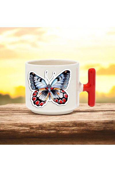 BB TRADE Butterfly Design Red t Handle Ceramic Printed Mug Cup 250 ml