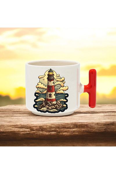 BB TRADE Lighthouse Design Red T-Handle Ceramic Printed Mug 250 ml