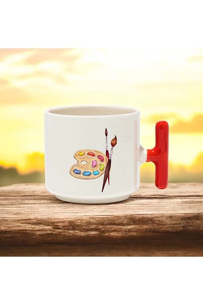 BB TRADE Painter Canvas and Brush Designed Red t Handle Ceramic Printed Mug Cup 250 ml