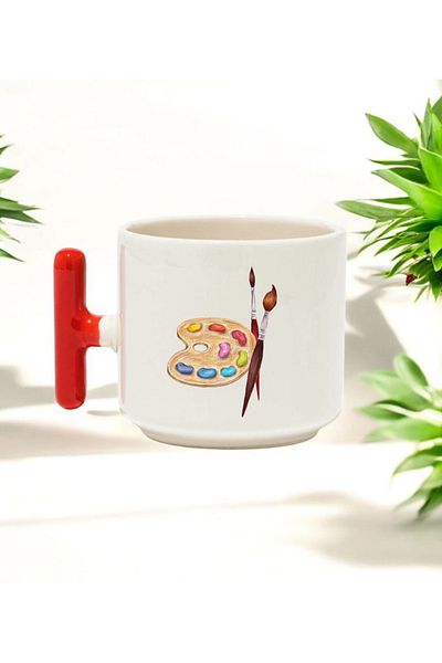BB TRADE Painter Canvas and Brush Designed Red t Handle Ceramic Printed Mug Cup 250 ml