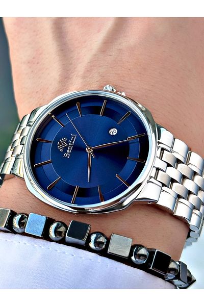 Bentini Men's Wrist Watch with Calendar – Steel Band, Waterproof, 2-Year Warranty, Gift Bracelet