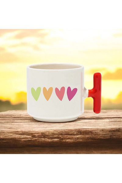 BB TRADE Red T-Handled Ceramic Printed Mug with Colorful Hearts Design 250 ml