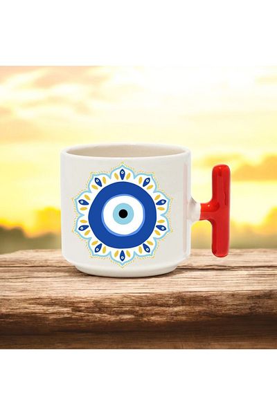 BB TRADE Red T-Handled Ceramic Printed Mug with Evil Eye Bead Design 250 ml