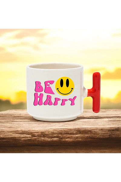 BB TRADE Be Happy Designed Red t Handle Ceramic Printed Mug 250 ml