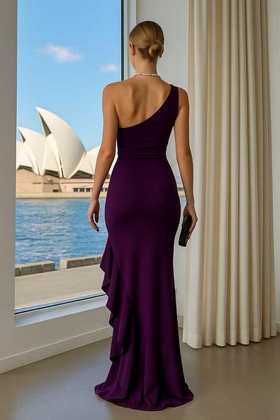 Modafeminen One Shoulder Knot Detail Slit Long Scuba Fabric Evening Dress Purple 582135