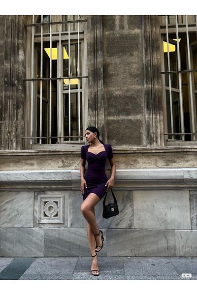 Modafeminen Heart Collar Vaktak Mini Crepe Dress 582982 Purple