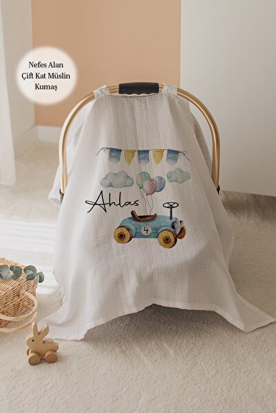 Lilabio %100 Pamuk İsme Özel Çift Katlı Müslin Puset Örtüsü - Araba