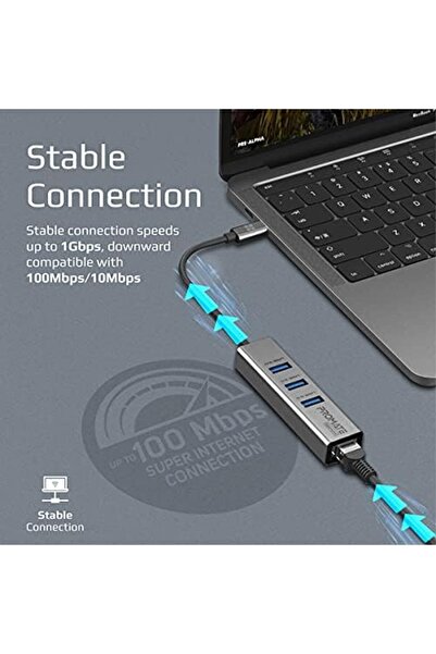 Promate GigaHub-C Multiport USB-C to 1000Mbps RJ45 Network Adapter with Ultra Fast 3 USB Ports, 5Gbp