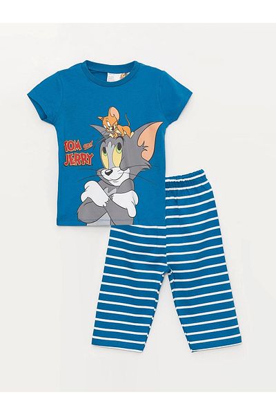 LC Waikiki Lcw Baby Petrol Crew Neck Short Sleeve Tom and Jerry Printed Baby Boy Pajama Set