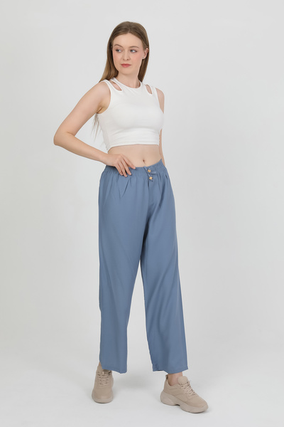 Eyyo Kadın Beli Lastikli Bol Paça Keten Pantolon Kra-4391