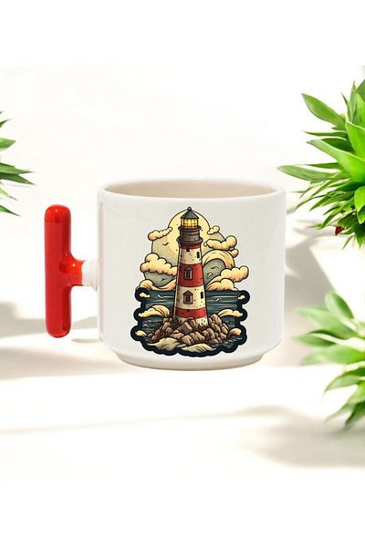 BB TRADE Lighthouse Design Red T-Handle Ceramic Printed Mug 250 ml