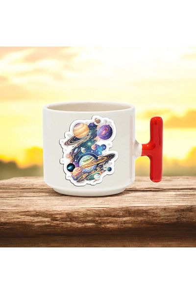 BB TRADE Planets Designed Red t Handled Ceramic Printed Mug Cup 250 ml