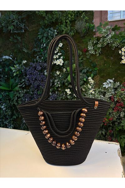 MaVaux Fiona Stylish Straw Shoulder Bag with Natural Wooden Bead Detail