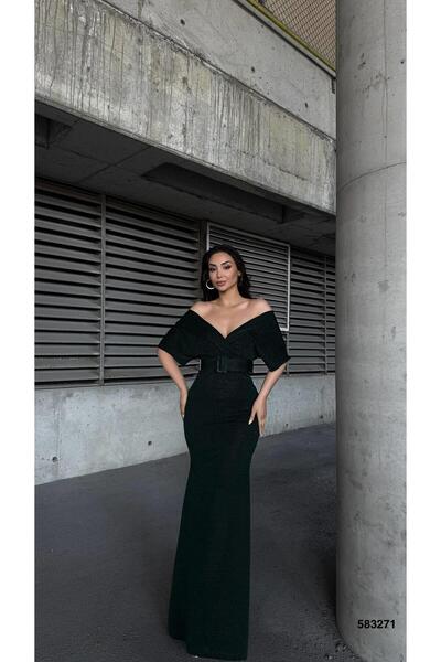 Modafeminen Stretch Fabric Fish Cut Belted Evening Dress and Graduation Dress Emerald 583271