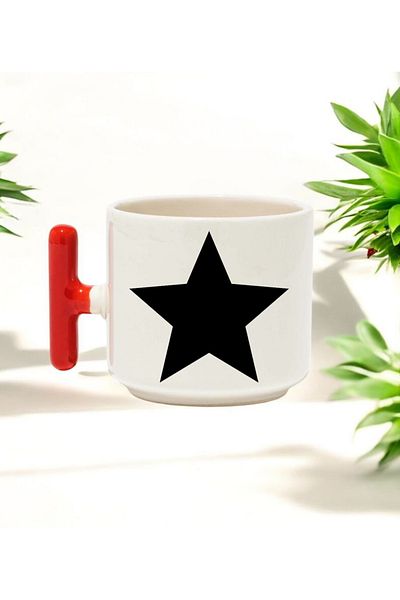 BB TRADE Black Star Designed Red t Handle Ceramic Printed Mug Cup 250 ml