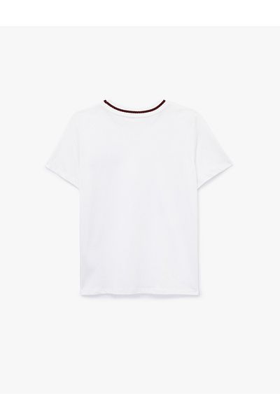 Koton Short Sleeve Lapel Detail Crew Neck Cotton Embroidered T-Shirt