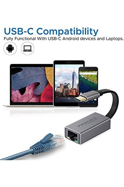 Promate USB-C to Ethernet Adapter, USB Type-C to 1Gbps RJ45 Gigabit Ethernet LAN Network Adapter for