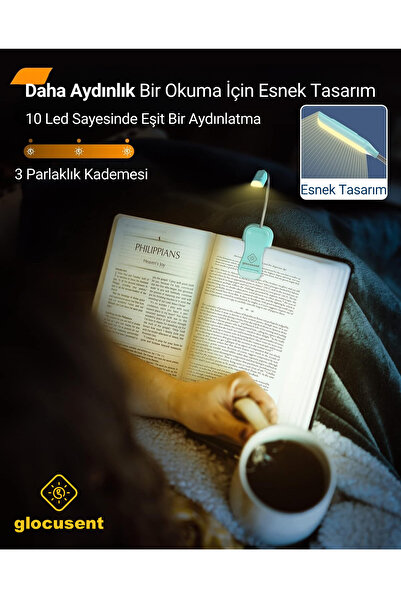 Glocusent Şarjlı LED Masa, Kitap Lambası Çalışma, Okuma, Tamirci Ergonomik Esnek Şarjlı Type C Mavi