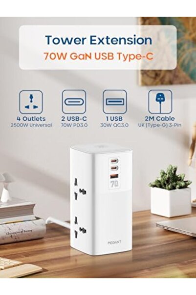 Generic PEGANT 70W Tower Power Extension Cord, 4 Universal Outlets, 2 USB-C PD3.0 & 1 USB-A Fast Charging Po