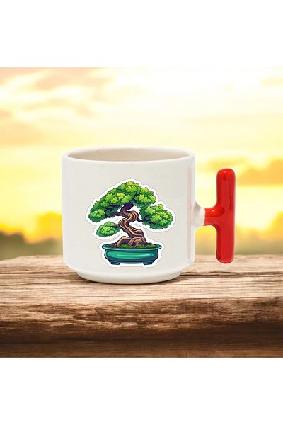 BB TRADE Green Tree Design Red t Handle Ceramic Printed Mug 250 ml