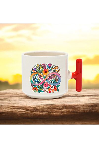 BB TRADE Red T-Handed Ceramic Printed Mug Cup with Colorful Infinity Flowers Design 250 ml