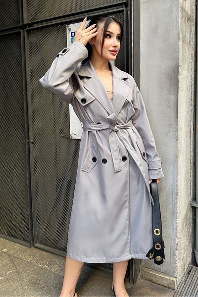 moda armanc Γυναικεία μακριά καμπαρντίνα με διπλό γιακά με δεμένη μέση - Γκρι 9358