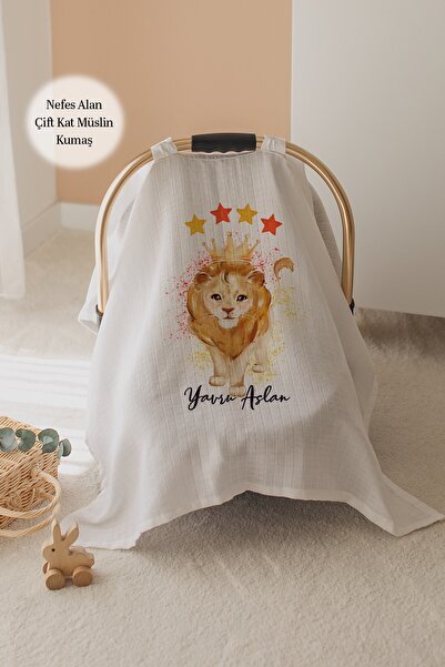 Lilabio %100 Pamuk İsme Özel Çift Katlı Müslin Puset Örtüsü - Aslan