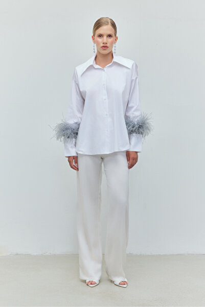 Bohai Design Beyaz Kolları Otriş Tüylü Gömlek