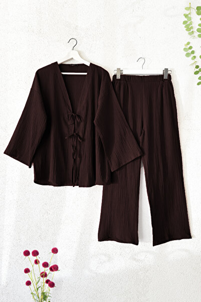MODAQU Front String Laced Crinkle Kimono Trousers Double Set - Brown