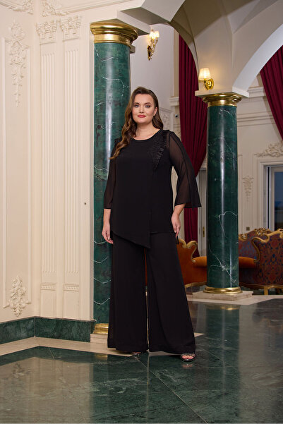 QUİZAS Quizas Taş ve aplike detaylı, Battal beden şifon takım