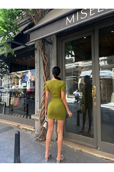 Modafeminen Kalp Yaka Vaktakı Mini Krep Elbise 582982 F.YEŞİL
