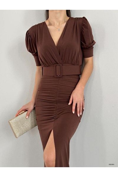 Modafeminen Double Breasted Neckline Belt Front Slit Sandy Dress 582464 Brown