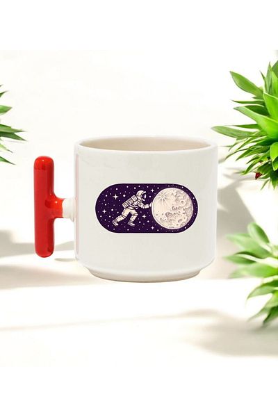 BB TRADE Astronaut and Moon Design Red T-Handle Ceramic Printed Mug 250 ml