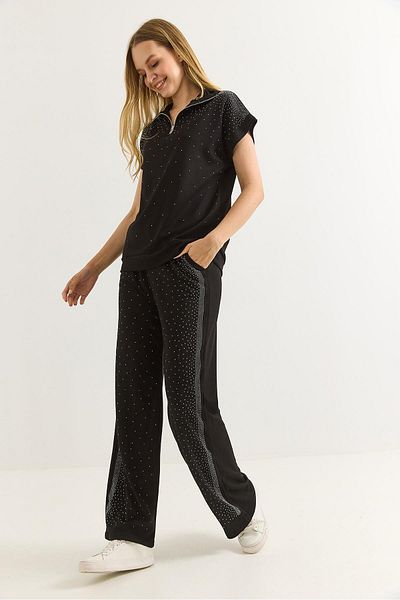 Raneel Kazançlı Alışveriş Mini Stone Zippered Short Sleeve Double Suit Black