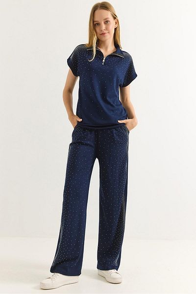 Raneel Kazançlı Alışveriş Mini Stone Zippered Short Sleeve Double Suit Navy Blue
