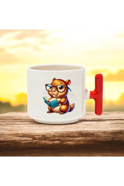 BB TRADE Student Capybara Designed Red T-Handle Ceramic Printed Mug 250 ml