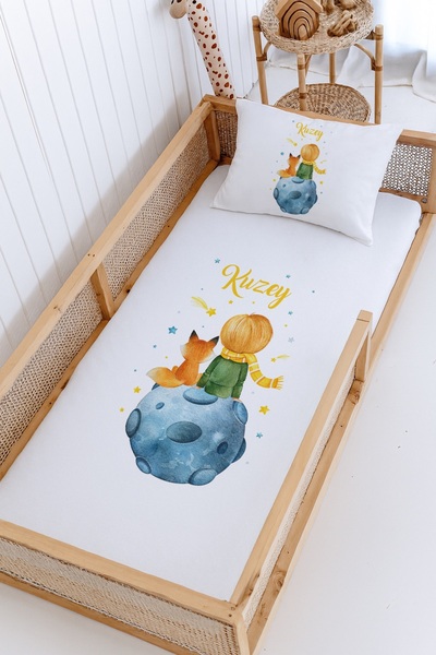 Lilabio %100 Pamuk İsme Özel Montessori Yatak Pike Seti 100x200 Küçük Prens