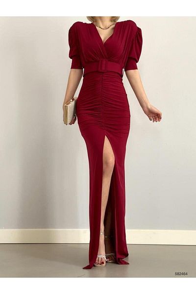 Modafeminen Double Breasted Collar Belt Front Slit Sandy Dress 582464 Bordo