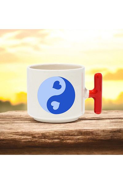 BB TRADE Blue Hearts Designed Red t Handle Ceramic Printed Mug Cup 250 ml